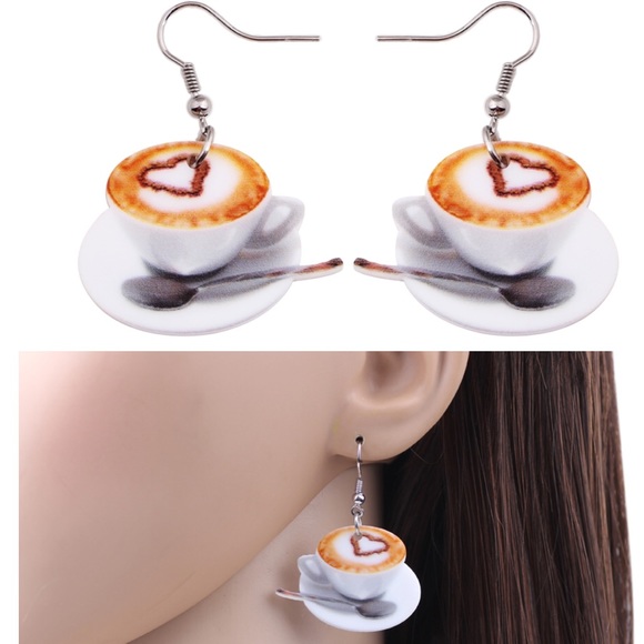 Coffee Cup and Saucer with Spoon Acrylic Earrings - Picture 4 of 6